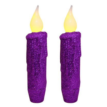 CVHOMEDECO. Glitter Flameless Candles Flickering Battery Operated LED Taper Candles with Timer for Home, Wedding, Halloween, Christmas Decor. Purple, 4-3/4 Inch, Set of 2