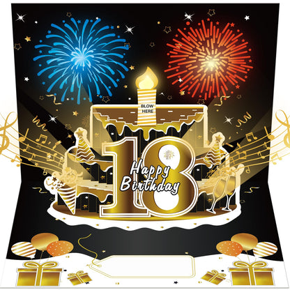 Turypaty 18th Birthday Cards Pop Up 3D Cake - Firework & Music & Blow Out Candle Light Funny Happy 18 Black Gold Birthday Card Gifts for Boys, Girls, Friends, Son, Daughter, Grandson, Boyfriend