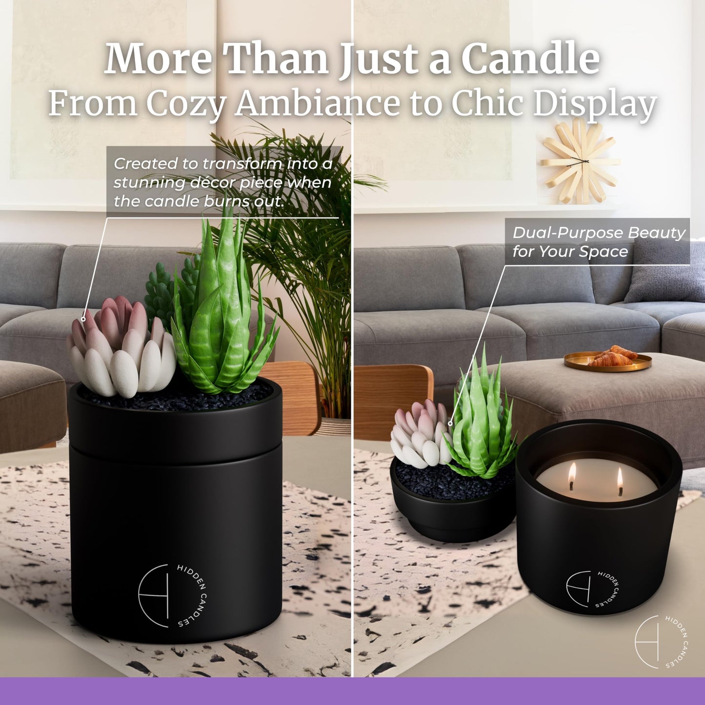 Hidden Candle – Cozy Tiny Home | Vanilla, Lavender & Eucalyptus Scented Candle with Faux Succulent | 10.6oz Soy Wax Refill, Ceramic Vessel | Long-Lasting, Decorative, Gift for Women & Men, Home Décor