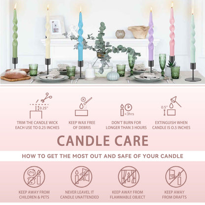 10 Inches Spiral Taper Candles Sticks Pastel Twisted Candle Dripless Unscented Long Candles, Handmade Candy Candlesticks for Wedding Dinner Decor, Set of 6