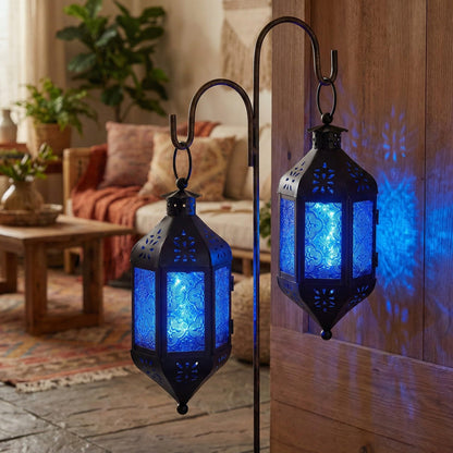 Vela Lanterns Hanging Moroccan Lamp - Exotic Decorative Patio & Porch Decor, Indoor Outdoor Tea Light Candle Lantern Holder with Chain (11" Medium, Cobalt Blue Glass)