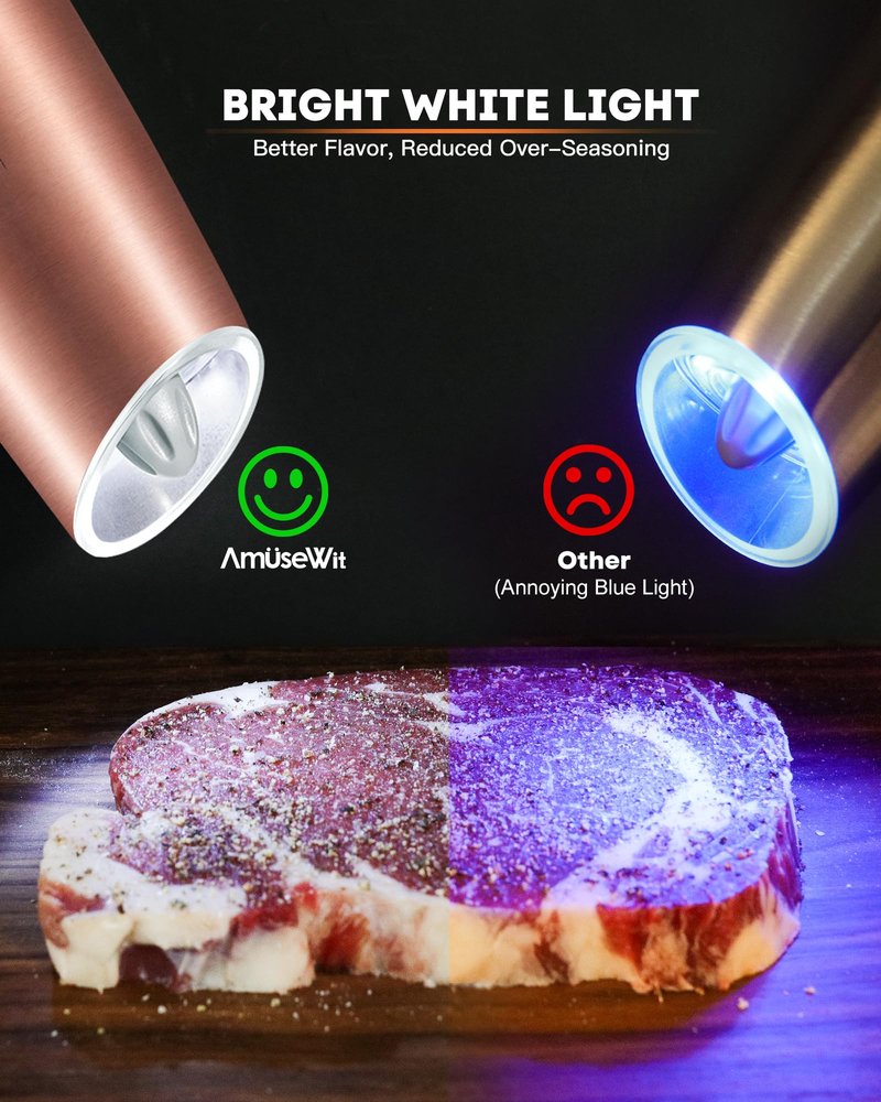 AmuseWit Gravity Electric Pepper Mill or Salt Grinder Mill [White Light] USB Rechargeable Automatic Pepper Grinder, Adjustable Coarseness, One-Handed Operation, Stainless Steel