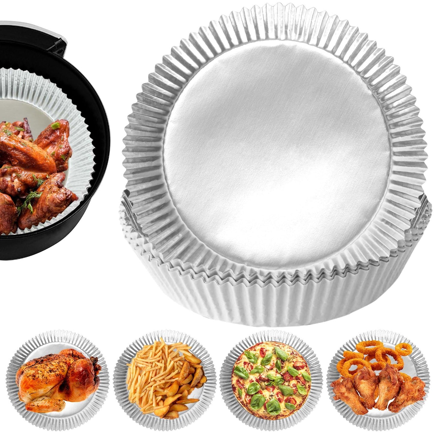 100 PCS Aluminum Foil Air Fryer Liners, Non-stick Air Fryer Disposable Paper Liner, Oil-proof Water-proof Sheets, Food Grade Aluminum Foil for Baking, Frying, Grilling, Roasting Microwave