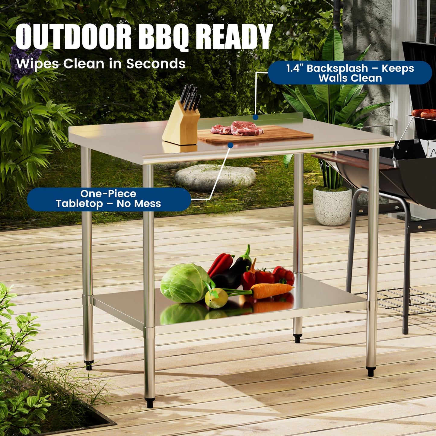 Chingoo Stainless Steel Work Table 30x48 Inch with Adjustable Undershelf & Backsplash, Heavy-Duty Prep Table for Commercial Kitchen, Restaurant, Garage, Outdoor