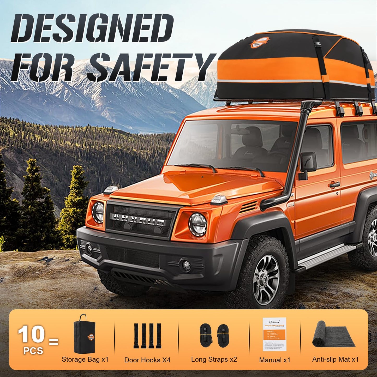 Sailnovo Car Rooftop Cargo Carrier Roof Bag, 15 Cubic Feet Waterproof Rooftop Cargo Carrier Bag, Fit Car with Without Luggage Rack - Cartop Carrier Bag with Tie-Down Strap, Safety Hook