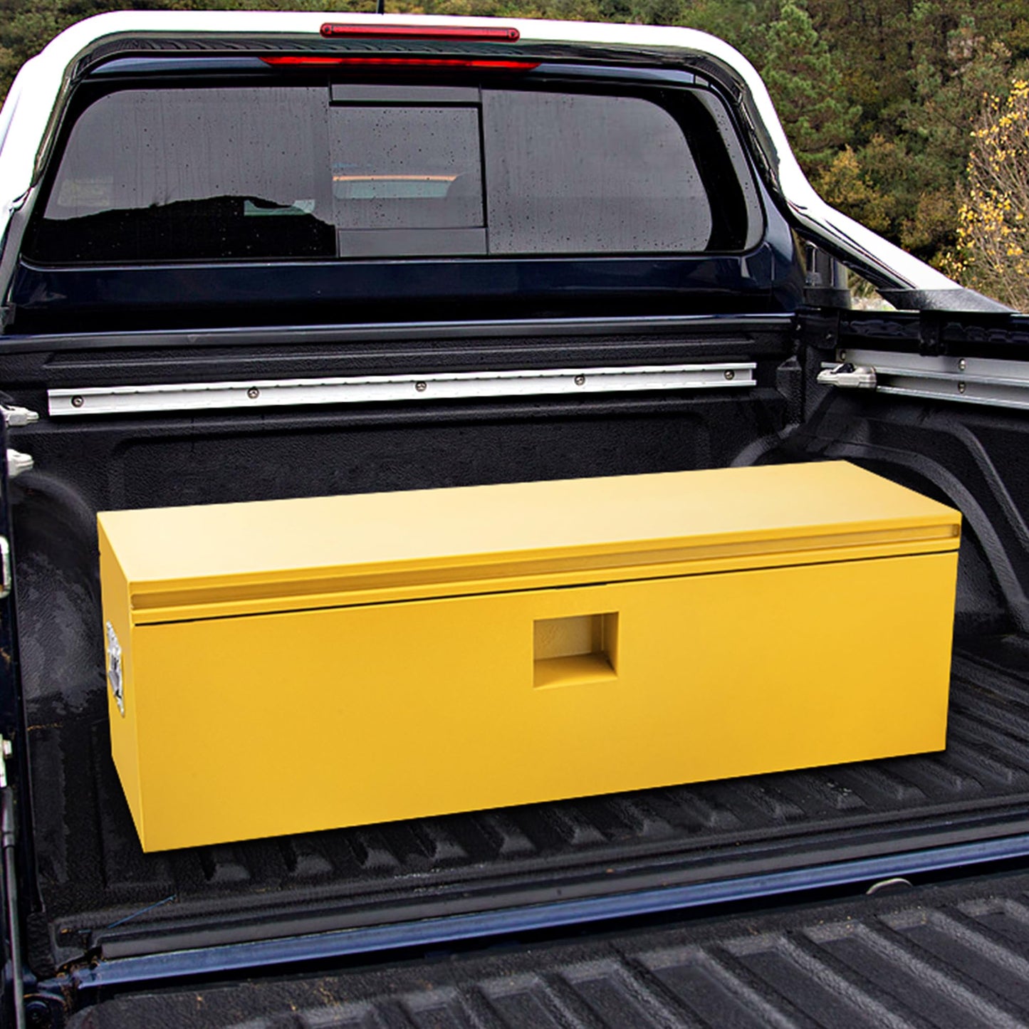 PeakPursuit Heavy Duty Yellow Steel Truck Bed Toolbox – 15x15x24 in Waterproof Lockable Storage Chest for Pickup, RV, Trailer, Construction, Outdoor, Smooth Groove Lid