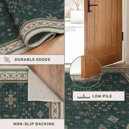 Hazo Haus Vintage Dark Green 6x9 Area Rug - Washable Floral Design for Dining & Living Rooms