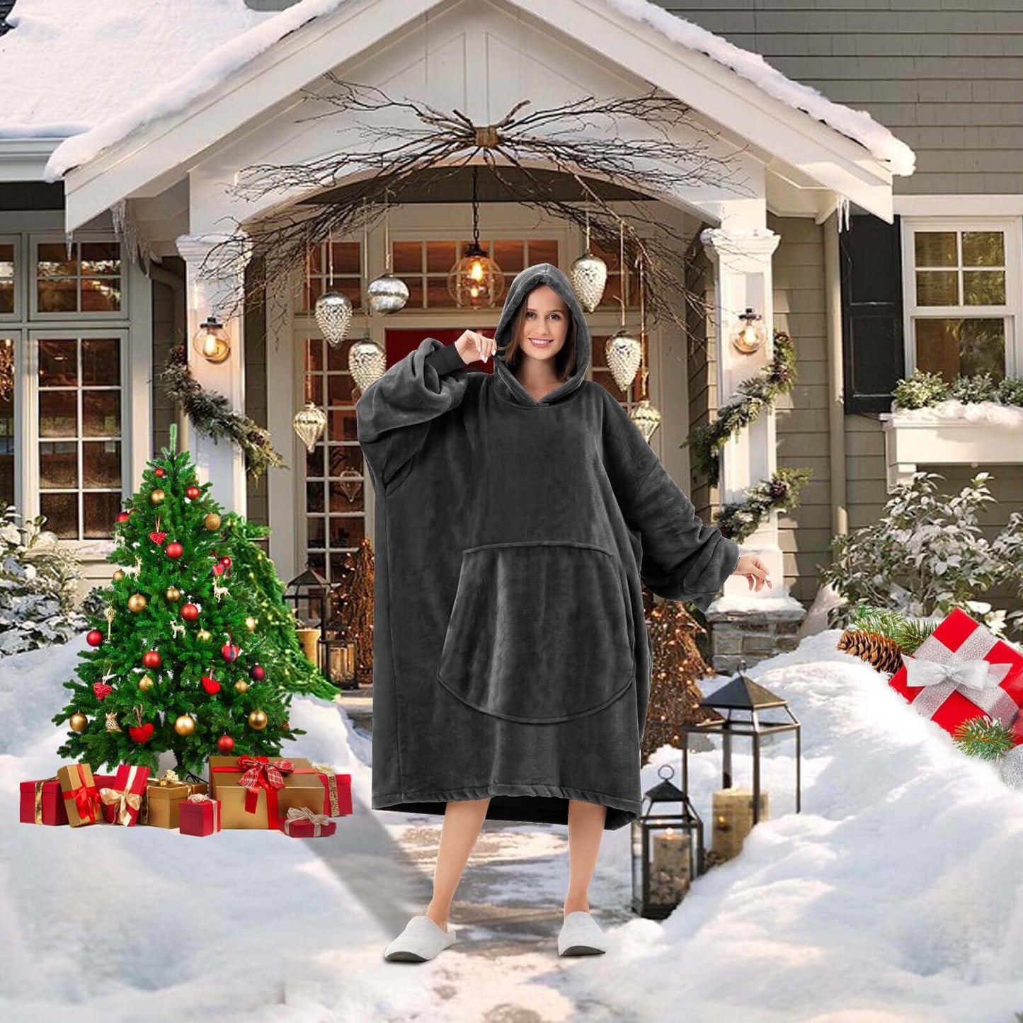 FestiCorp Oversized Blanket Hoodie for Adults - Extra Long Wearable Sweatshirt with Giant Sleeve, Hood and Pocket Black