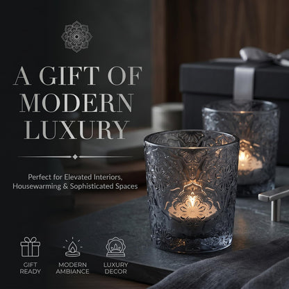 6 Pack Mandala Embossed Glass Candle Holders – Votive Tealight Holders with Patent Design, Decorative Embossed Glass Cups for Wedding Centerpieces, Parties, and Home Décor (Smoky Quartz)