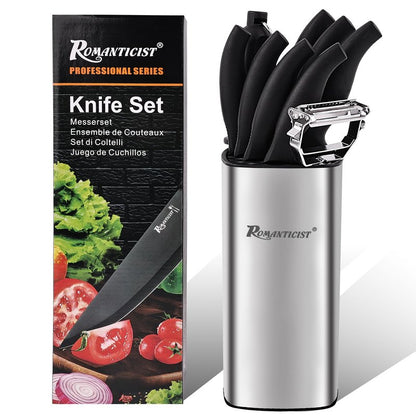 ROMANTICIST Kitchen Knife Sets, 10PCS High Carbon Stainless Steel Knife Sets with Block, Black Knife Block Set, Knives Set for Kitchen with Anti-slip Handle, Exquisite Knives Set New Home Essentials