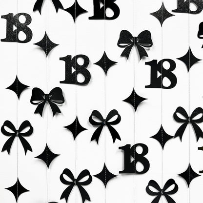 Black 18th Bow Birthday Decorations Glitter Conquette Bow Garland Streamer Banner Backdrop for Girls Boys Happy 18th Birthday Time to Adult Cheers to 18 Years Old Anniversary Party Supplies