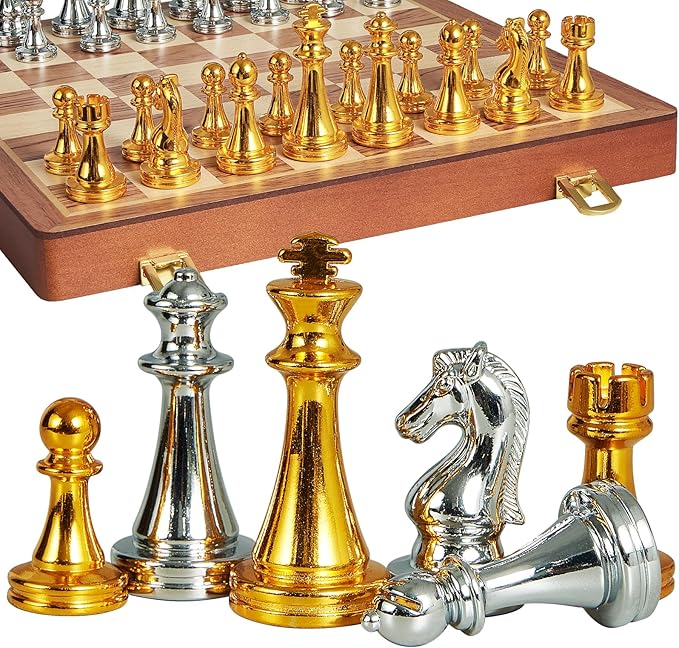 Metal Chess Set for Adults Kids 12'' Folding Wooden Chess Board with Metal Chess Pieces Handcrafted Portable Travel Chess Sets Game for Beginner Professional (Weighted Non-Magnetic)