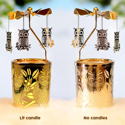 iLajao Candle Carousel Rotary Candle Holder Christmas Carousel Spinning Tealight Candleholder Christmas Decoration Centerpieces for Tables Valentine Easter (Golden Owl)