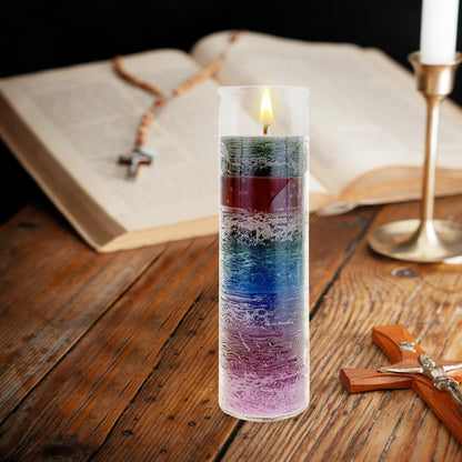 Mega Candles 1 pc Unscented 7 Color Glass Devotional Prayer Candles, Hand Poured Wax Candle 2 Inch x 8 Inch, Sanctuary, Vigils, Prayers, Casting Chimes, Spiritual, Rituals, Spells, Wicca, Deities