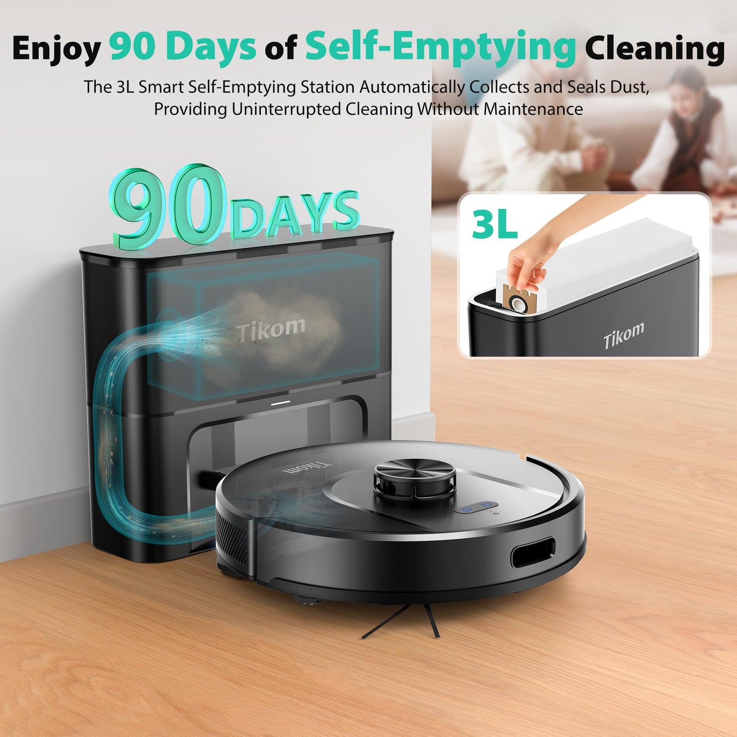 Tikom Robot Vacuum and Mop, 6000Pa Robotic Vacuum Cleaner with Self-Emptying Base, 90 Days Capacity, LiDAR Navigation, Home Mapping, Ideal for Pet Hair, Hard Floors, Carpet (L8000 Plus)
