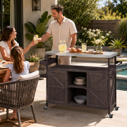 50" Outdoor Grill Cart with Storage Cabinet, Solid Fir Wood BBQ Prep Table with Stainless Steel Top, Rolling Outdoor Serving Cart with Lockable Wheels, Spice Rack & Hooks for Patio, Brown