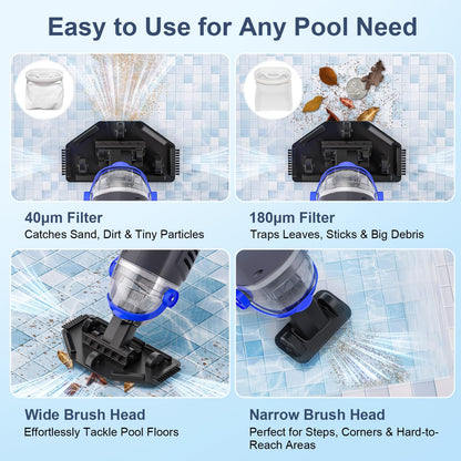 Sharkswell Upgraded Cordless Pool Vacuum with Telescopic Pole, 60 Min Powerful Suction & Large Head, Rechargeable Handheld Cleaner for Above Ground Pools, Inground Pools, Hot Tubs, and Spa