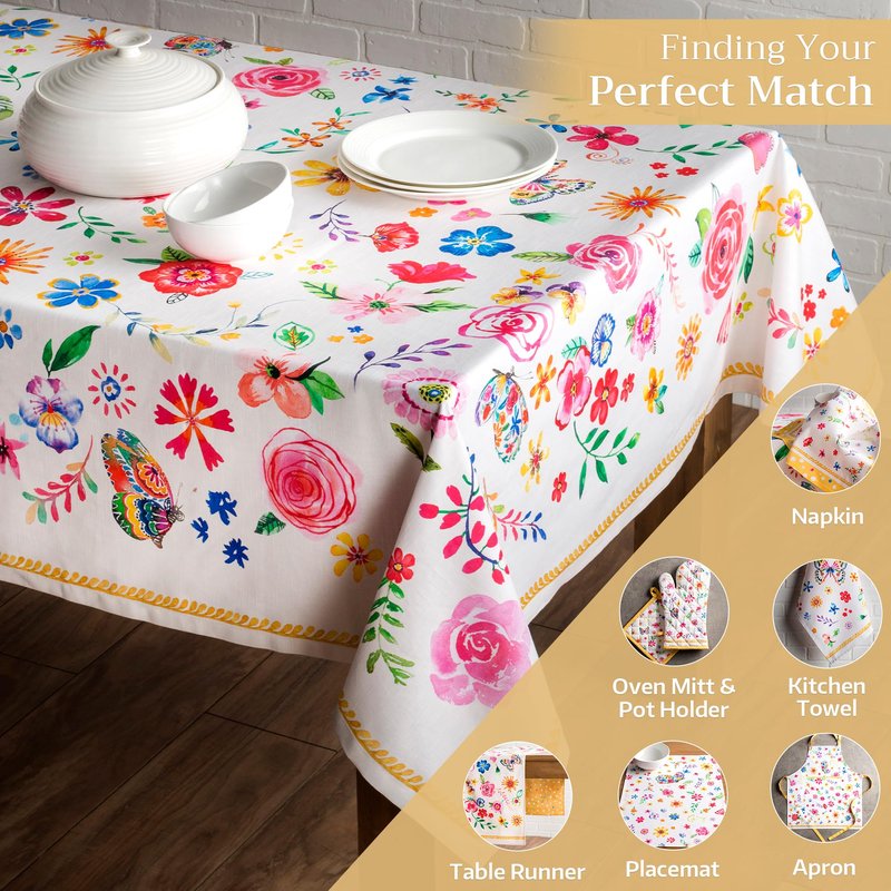 Maison d' Hermine Table Cloth Rectangle Table 100% Cotton 54 x 72 Inches Tablecloth Reusable Decorative for Dining Kitchen Farmhouse Home Gifts for Mothers Day Spring Summer - Happy Florals - Sweety