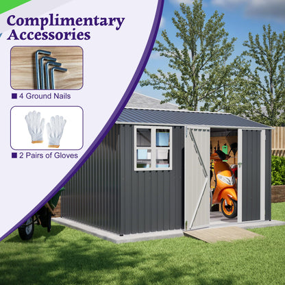 10'x8' Galvanized Steel Storage Shed with Raised Floor Base, Side Window & Top Vents, Lockable Double French Door Outdoor Garden Tool Shed, Gray