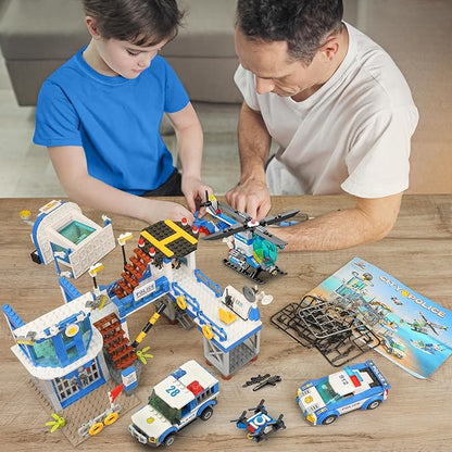 982Pcs City Police Station Building Toy Set - 6-in-1 Emergency Rescue Center with Police Car Boat Helicopter &amp Motorcycle - STEM Police Playset Gift for Kids Boys Girls Ages 6-12
