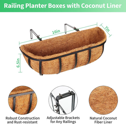 Legigo 16-Inch Window Box Planters - Durable Metal Railing Planters with Coconut Liners | 2-Pack for Outdoor Use