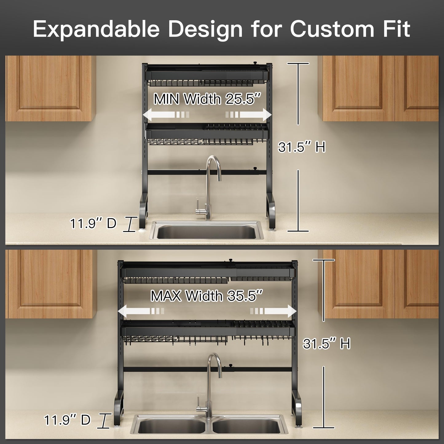 3 Tier Extra Large Stainless Steel Expandable Over The Sink Dish Drainer Drying Rack, Rust Proof Metal, Space Saving, Modern Black Big Capacity Extendable Plate Strainers Above Kitchen Counter