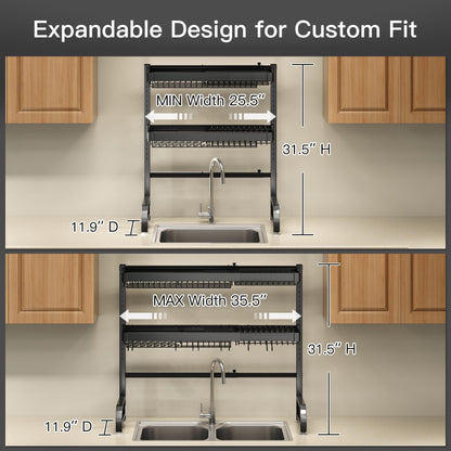 3 Tier Extra Large Stainless Steel Expandable Over The Sink Dish Drainer Drying Rack, Rust Proof Metal, Space Saving, Modern Black Big Capacity Extendable Plate Strainers Above Kitchen Counter
