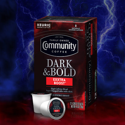 Community Coffee Dark & Bold Exxtra Boost 12 Count Coffee Pods, Compatible with Keurig 2.0 K-Cup Brewers, 12 Count (Pack of 1)