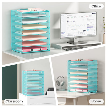 Lavatino 8-Tier Office Desk File Organizer, Letter Tray Paper Organizer with Handle, Including 5 Adjustable Slide Trays for Organizing Desktop Workspace Accessories and Supplies (Blue Metal Mesh)