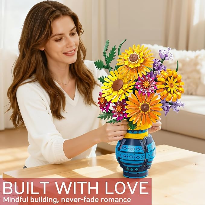 Flower Bouquet Building Blocks Set with Vase Mothers Day Mom Grandma Gifts 1065PCS Artificial Sunflower Botanical Nurse Teacher Appreciation Birthday Gifts for Wife Women Her Him Teen Girls Adults