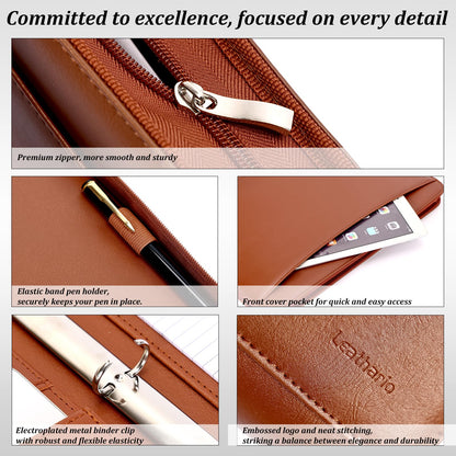 Leathario Portfolio Binder, Includes 10 Sheet Protectors and 3 Notepads, 3-Ring Folder Organizer, A4 Padfolio with Zipper, Vegan Leather Tablet Sleeve, Business Office Conference Clipboards