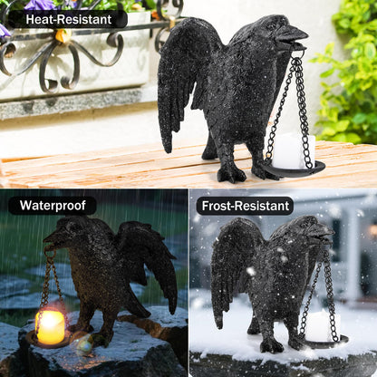 Halloween Decorations Spread Wings Raven Candle Holder Outdoor Garden Statue for Patio Decor Gothic Home Decor Black Stone