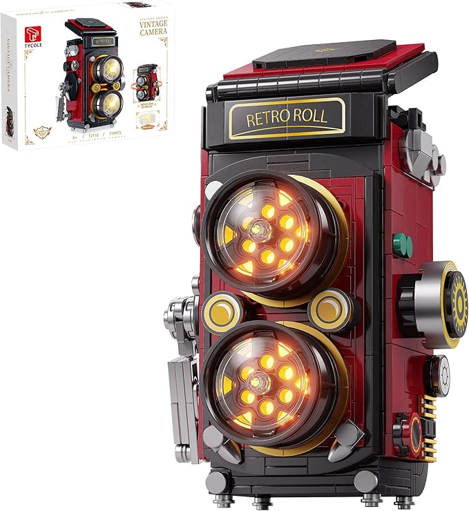 Retro Camera Building Blocks Sets with Lights DIY Camera Building Toys with Twin-Lens Reflex Design Unique Collectible for Home Decor Christmas Birthday Gift for Adults Boys age 8-12(719Pcs)