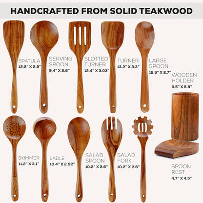 Zulay Kitchen 12-Piece Teak Wooden Utensils for Cooking - Natural Teak Utensil Set with Premium Gift Box - Non-Stick Wooden Spoons for Cooking - Kitchen Gift Set - Comfortable Grip Wooden Utensil Set