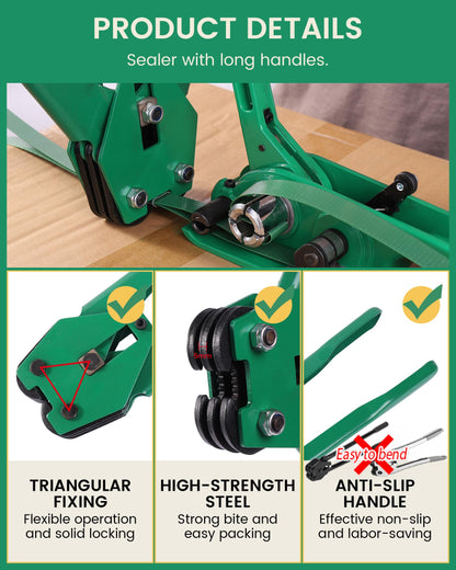 FoundGo PET Banding Strapping Kit for Heavy Duty Tough Pallet Packaging Strapping Tool with >1500lbs 5/8" x 2000' PET Strapping Roll & its own Pull-Out Box 200 Corner Protectors 450 Seals-Green