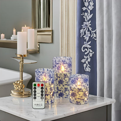 NjaoHoo Floral Flickering Flameless Candles, Recessed String Light LED Candles 3D Wick Acrylic Battery Operated LED Pillar Candles with Remote and Timer for Home Decor Set of 3(Blue & White)