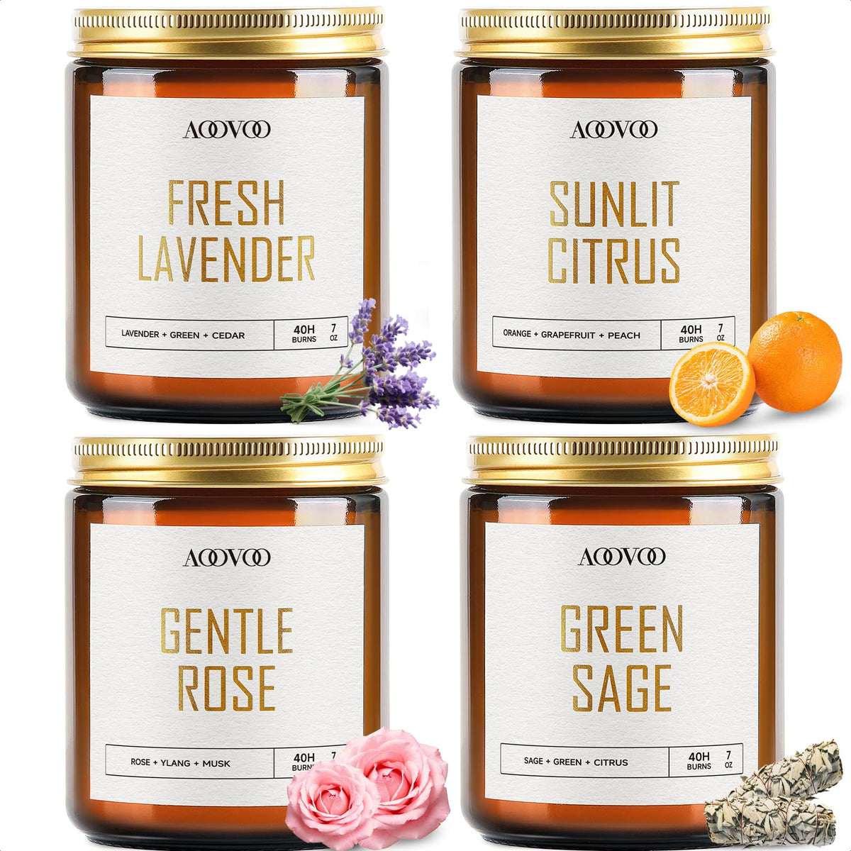 AOOVOO Candle Set - 4PC Scented Candles, 28 oz Soy Candles, Soy Candle for Home Scented, Lavender/Citrus/Rose/Sage