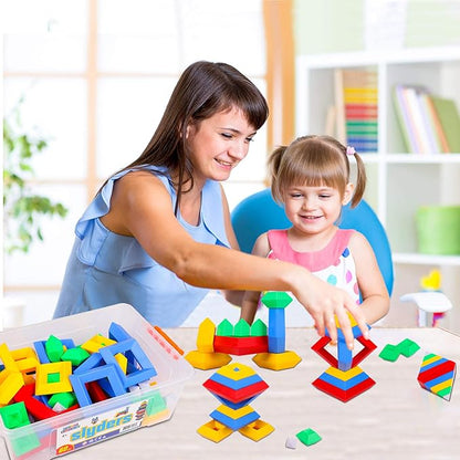 Slyder Set: 60 Pieces 3D Pyramid Building Blocks Geometric Stacking Toys for Kids Ages 4+ - Creative Early Childhood STEM Educational Toys for Preschool Boys and Girls