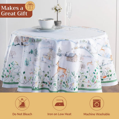 Maison d' Hermine Table Cloth Round Table 100% Cotton 69 Inches Fall Tablecloth Reusable Everyday Use for Thanksgiving Christmas Decorations Dining Farmhouse Party (Snowy World)