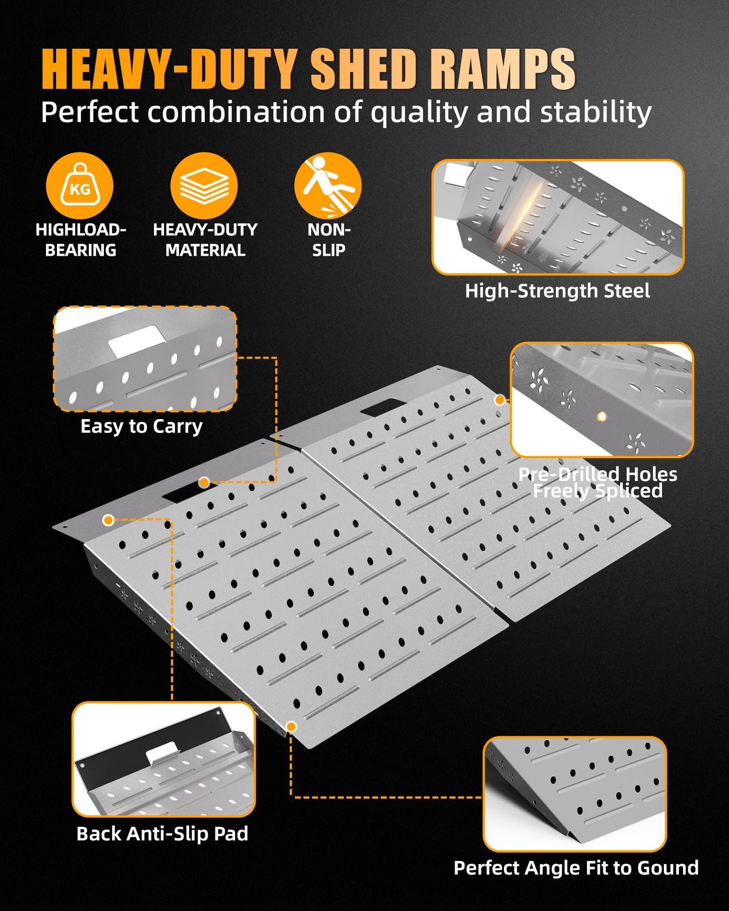 VNN 29" x 48" Shed Ramps - Slivery Loading Ramp for Riding Mower, 2 Packs Ramps for Sheds，1800 LB Capacity Alloy Loading Dock Ramp for Garages, Barns