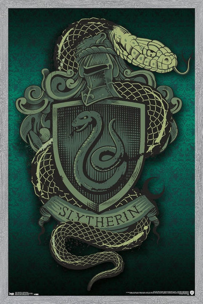 The Wizarding World: Harry Potter - Slytherin Snake Crest Wall Poster, 22.4L" x 14.7W", Gray Framed Version
