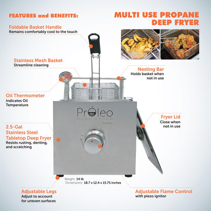 Flame King Proleo Tabletop Propane Deep Fryer with Oil Thermometer, 2.5 Gallons Capacity, with 5-FT Propane Regulator Hose