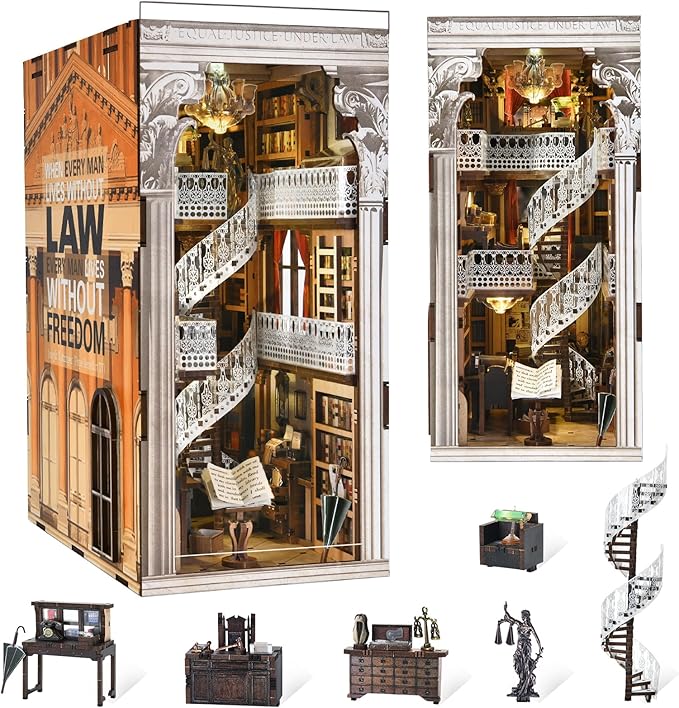 Book Nook Kit Library DIY Miniature House Kit 3D Wooden Puzzle Dollhouse Kit for Adults and Teens Bookshelf Booknook with LED Light (Law Library)