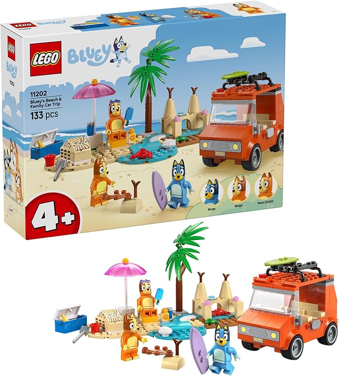 LEGO Bluey: Bluey’s Beach &amp Family Car Trip - Toddler Learning Toy for Kids 4+ - Includes Bluey Bingo and Mum Minifigures - Birthday Gift for Boys and Girls Ages 4+ - 11202