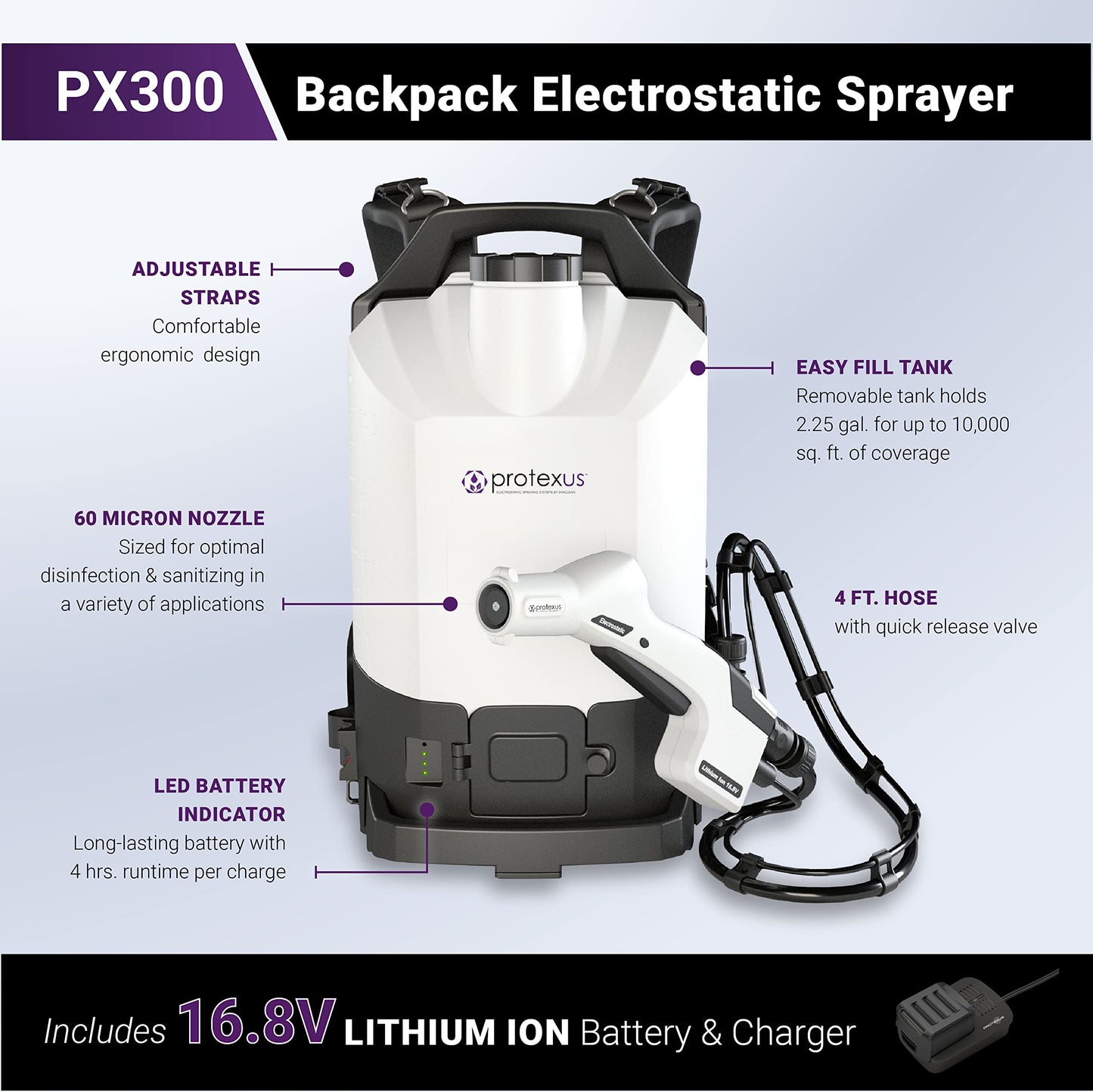 EvaClean Protexus Cordless Battery Powered Electrostatic Backpack Sprayer, 16.8V Rechargeable, 2.25-Gallon, 60-Micron Nozzle, 4Ft Hose - Commercial Disinfectant and Sanitizer - 23,000 Sq Ft Coverage