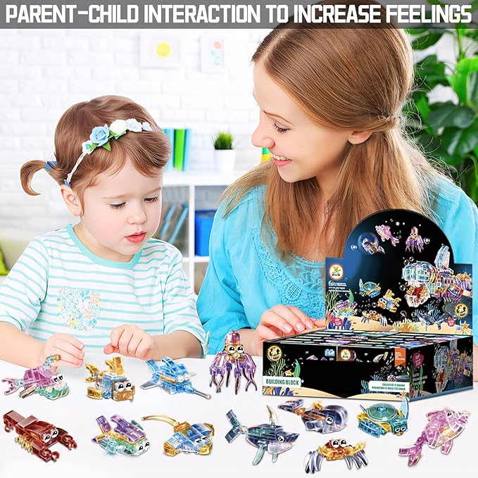 12 Piece Set of Marine Animal Building Blocks Suitable for Goodie Bags Stocking Stuffer Classroom prizes Birthday Gifts Boys' and Girls' Toys 12 in one Building Block Set