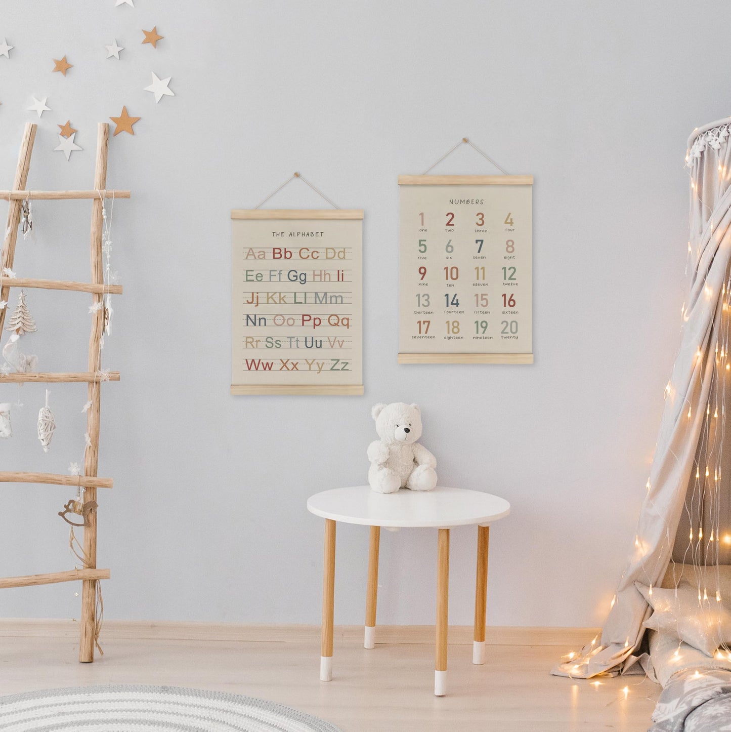 HRQKO Alphabet Numbers Poster Hanger Frame Set of 2, Nursery Wall Decor, ABC Banner Poster Wall Art with Wooden Frames, Alphabet Banner Wall Hanging Decor for Toddler Playroom Nursery, 12x16 Inch