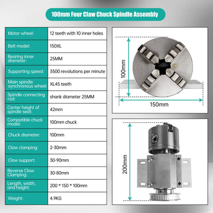 RATTMMOTOR No Powered Multi-Function Lathe Chuck Spindle Assemblies Rotary Lathe Woodworking Motor Chuck 100mm for CNC Lathe Grinder Drilling Machine Table Saw (4 Jaw 100mm)