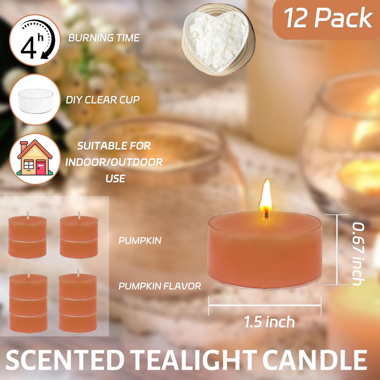 Pumpkin Scented Tea Lights - Handmade Small Round Candles in Transparent Cups, Clean Burning Smokeless 4-Hour Burn, Perfect for Fall Decor, Thanksgiving & Cozy Evenings