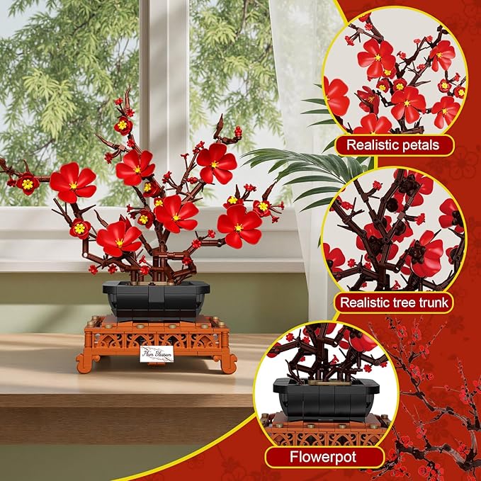 Flower Building Set Plum Blossom Bonsai Building Blocks for Adults DIY Botanical Decor Kit for Home Desk Office Gift for Women 692 PCS